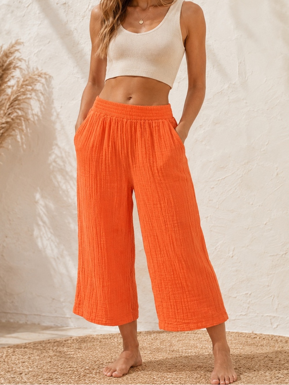 Rip Curl Premium Surf Beach Pants M Bright Orange Cotton Gauze Wide Leg NWT